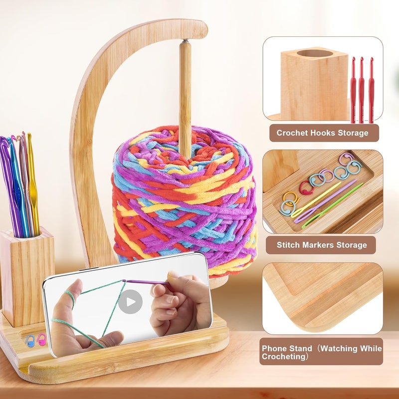 FOGWOWO Upgraded Yarn Holder for Crocheting and Knitting,Wooden Crochet Yarn Holder Magnetic Yarn Spinner with Crochet Accessories Storage and Phone Stand,Yarn Ball Holder Crochet Gift for Knitting Lovers - Image 2